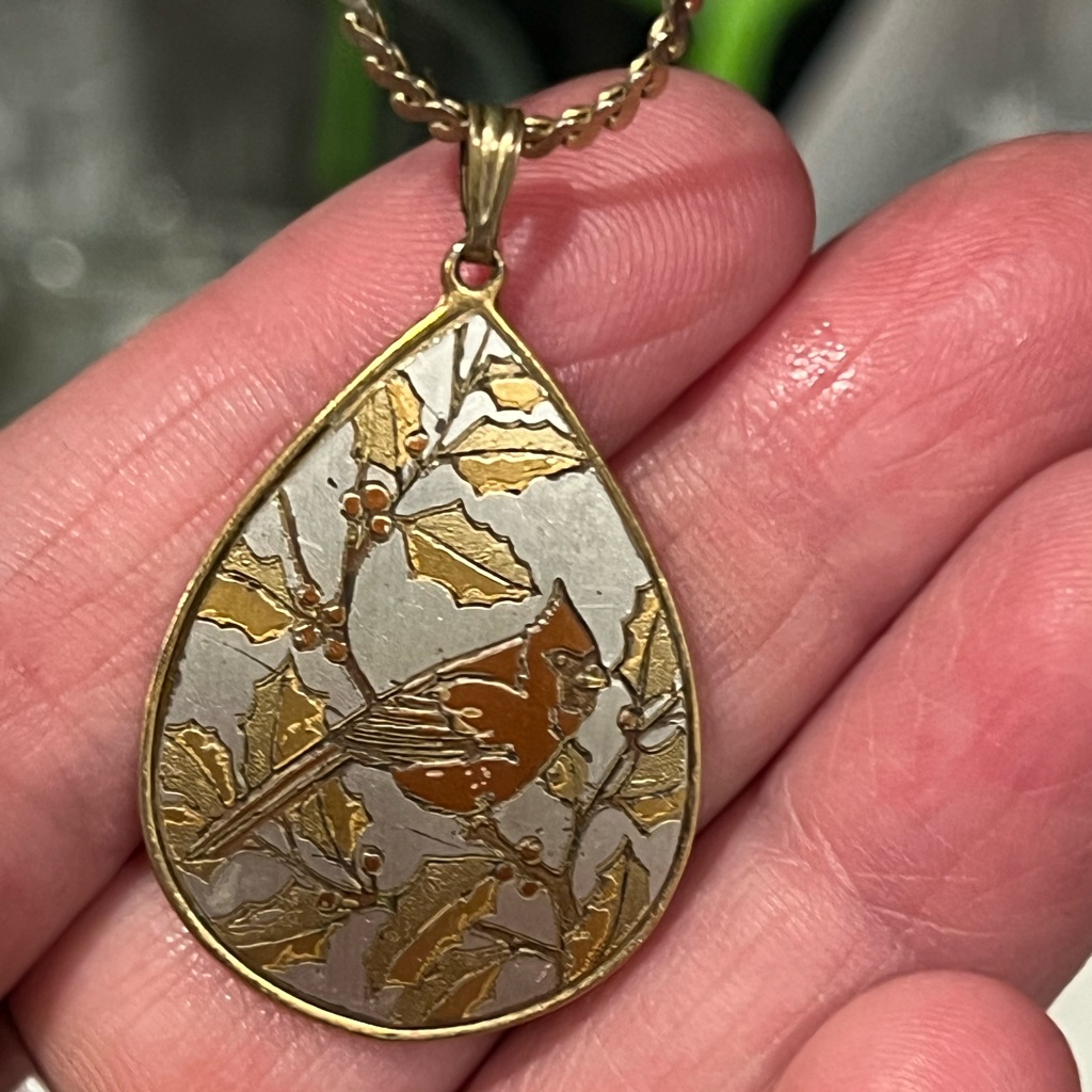 Vintage Reed & Barton Damascene Cardinal Bird Design Necklace